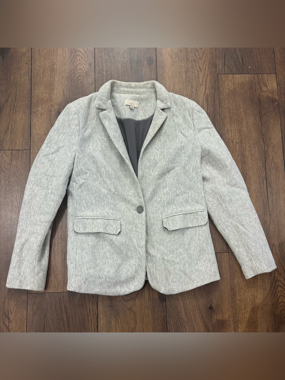 LOFT Women's Gray Herringbone Cotton Blazer Size 6P Petite
